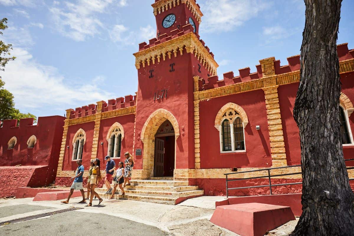 Historic Fort Christian in Charlotte Amalie, St. Thomas, US Virgin Islands, with red brick walls and colonial-era architecture Historical landmarks in St. Thomas